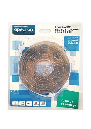 Apeyron 10-04, Набор светодиодной ленты, белый, 220В, 4.8Вт/м, 60SMD(3528)/м, 300Лм/м, 6500К, IP44, 5м светодиодные ленты