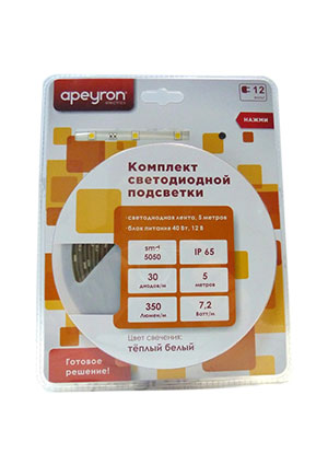 Apeyron 10-02, Набор светодиодной ленты, теплый белый, 12В, 7.2Вт/м, 30SMD(5050)/м, IP65, 5м, с блоком питан светодиодные ленты