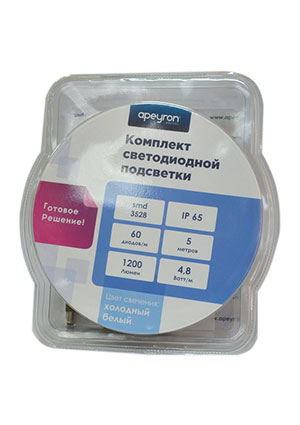 Apeyron 10-26, Набор светодиодной ленты, белый, 12В, 4.8Вт/м, 60SMD(3528)/м, IP65, 5м, с блоком питания светодиодные ленты