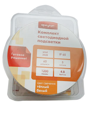 Apeyron 10-27, Набор светодиодной ленты, теплый белый, 12В, 4.8Вт/м, 60SMD(3528)/м, IP65, 5м, с блоком питан светодиодные ленты