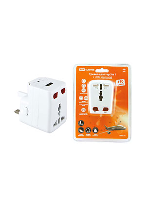 TDM electric SQ1806-0044, Тревел-адаптер 100-250В 3A (5 в 1) c USB-зарядкой 1000мА белый электрические тройники и переходники
