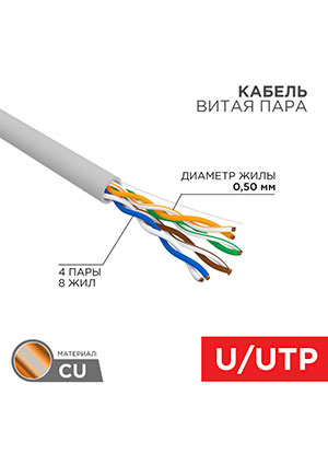01-0043-25, ������ ����� ���� U/UTP, CAT 5e, PVC, 4PR, 24AWG, INDOOR, SOLID, �����, 25�, REXANT