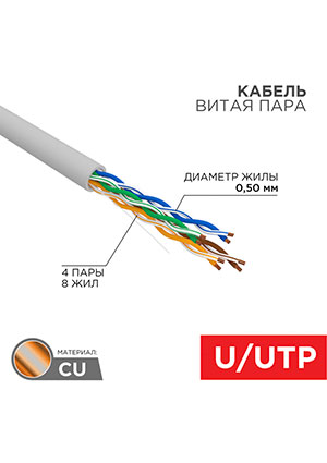 01-0043-50, ������ ����� ���� U/UTP, CAT 5e, PVC, 4PR, 24AWG, INDOOR, SOLID, �����, 50�, REXANT