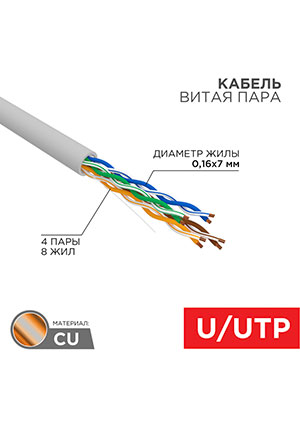 01-0044, ������ ����� ���� U/UTP, CAT 5e, PVC, 4PR, 24AWG, INDOOR, STRANDED, �����, 305� REXANT
