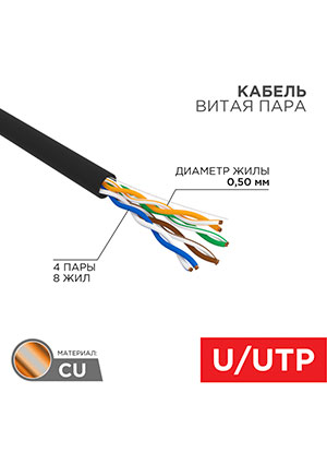 01-0045, ������ ����� ���� U/UTP, CAT 5e, PE, 4PR, 24AWG, OUTDOOR, SOLID, ������, 305�, REXANT