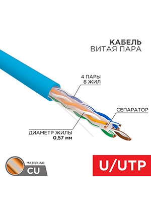01-0047, ������ ����� ���� U/UTP, CAT 6, PVC, 23AWG, INDOOR, SOLID, �����, 305 �, REXANT
