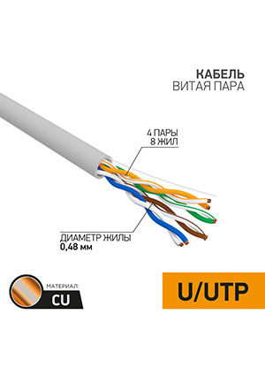 01-0052, ������ ����� ���� U/UTP, CAT 5e, PVC, 4PR, 24AWG, INDOOR, SOLID, �����, 305� PROconnect