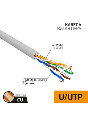 01-0052-25, ������ ����� ���� U/UTP, CAT 5e, PVC, 4PR, 24AWG, INDOOR, SOLID, �����, 25� PROconnect