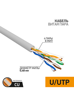 01-0052-50, ������ ����� ���� U/UTP, CAT 5e, PVC, 4PR, 24AWG, INDOOR, SOLID, �����, 50� PROconnect