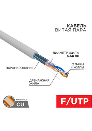 01-0122, ������ ����� ���� F/UTP, CAT 5e, PVC, 2PR, 24AWG, INDOOR, SOLID, �����, 305�, REXANT
