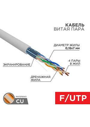 01-0145, ������ ����� ���� F/UTP, CAT 5e, PVC, 4PR, 24AWG, INDOOR, STRANDED, �����, 305�, REXANT