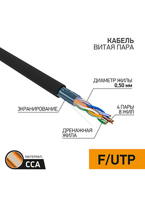 01-0146-3, ������ ����� ���� ����������, F/UTP, CCA, CAT 5e, PE, 4PR, 24AWG, OUTDOOR, SOLID, ������,