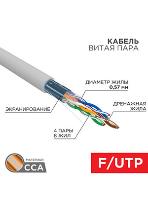 01-0147-3, ������ ����� ���� ���������� F/UTP, CCA, CAT 6, PVC, 4PR, 23AWG, INDOOR, SOLID, �����, 30