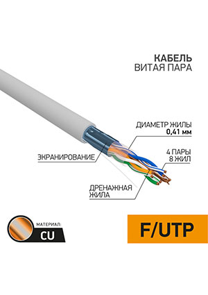 01-0148, ������ ����� ���� F/UTP, CAT 5, PVC, 4PR, 26AWG, INDOOR, SOLID, �����, 305� PROconnect Ligh