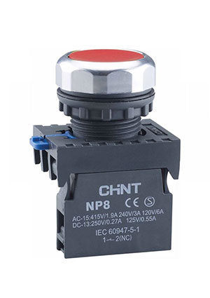 CHINT 667592, Кнопка упр. NP8-20BND/4 подствет., самовозв., красный, AC110-230В(LED), 2НО, IP65 кнопки с подсветкой