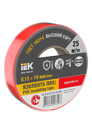 IEK EX-IZ10-C15-19-25-K04, Изолента 0.15х19мм (рул.25м) красн. IEK EX-IZ10-C15-19-25-K04 клейкая лента, изолента