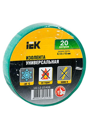 IEK UIZ-13-10-K06, Изолента ПВХ 0.13х15мм (рул.20м) зел. IEK UIZ-13-10-K06 клейкая лента, изолента