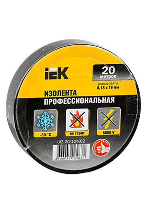 IEK UIZ-20-10-K02, Изолента ПВХ 0.18х19мм черн. (рул.20м) IEK UIZ-20-10-K02 клейкая лента, изолента