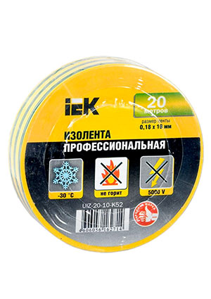 IEK UIZ-20-10-K52, Изолента ПВХ 0.18х19мм желт./зел. (рул.20м) IEK UIZ-20-10-K52 клейкая лента, изолента