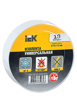 IEK UIZ-13-10-10M-K01, Изолента ПВХ 0.13х15мм (рул.10м) бел. IEK UIZ-13-10-10M-K01 клейкая лента, изолента