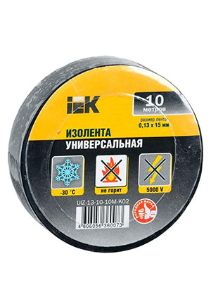 IEK UIZ-13-10-10M-K02, Изолента ПВХ 0.13х15мм (рул.10м) черн. IEK UIZ-13-10-10M-K02 клейкая лента, изолента