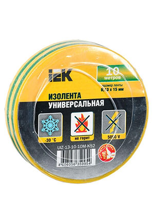IEK UIZ-13-10-10M-K52, Изолента ПВХ 0.13х15мм (рул.10м) желт./зел. IEK UIZ-13-10-10M-K52 клейкая лента, изолента