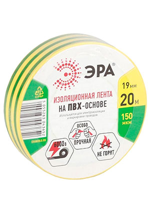 Эра C0036545, Изолента ПВХ 19ммх20м желт./зел. ЭРА C0036545 клейкая лента, изолента