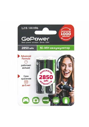 GoPower Аккумулятор бытовой HR6 AA BL2 NI-MH 2850мАч аккумуляторы