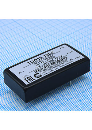 TDD15-15D2, ��������������� DC/DC 15�� ���� 18...36� ����� +15�/+500��, �������� 1500� DC, 2"x1" (50