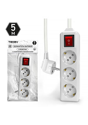 TOKOV LIGHT TKL-C01-BU3-5-1.5-ZV, Удлинитель 3х5м с заземл. с выкл. 10А 3х1.5 TOKOV LIGHT TKL-C01-BU3-5-1.5-ZV сетевые фильтры,удлинители