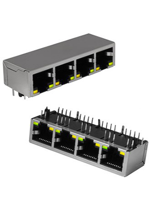 RUICHI TJ9-10P8-04 LED, Блок сетевых розеток RJ 10P8C FTP RUICHI c LED индекацией, 4 гнезда разъемы телефонные и сетевые