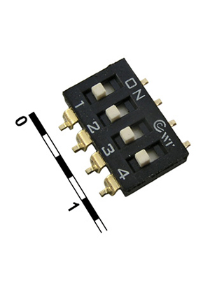 RUICHI SWD 4-4, DIP-переключатель RUICHI, серия SWD 4-4, 30 мОм, 4 (ON-OFF) с шагом 2,54 мм, 4.45х11.12х9.8 DIP-переключатели
