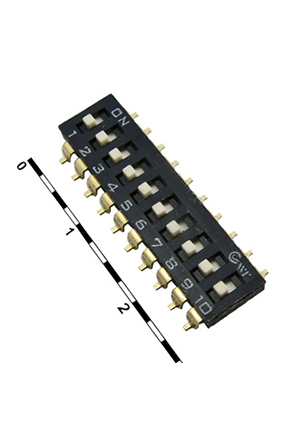RUICHI SWD 4-10, DIP-переключатель RUICHI, серия SWD 4-10, 30 мОм, 10 (ON-OFF) с шагом 2,54 мм, 4.45х26.36х DIP-переключатели