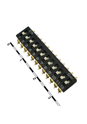 RUICHI SWD 4-12, DIP-переключатель RUICHI, серия SWD 4-12, 30 мОм, 12 (ON-OFF) с шагом 2,54 мм, 4.45х31.44х DIP-переключатели