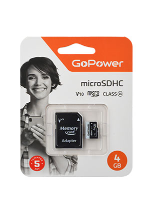 ����� ������ microSD GoPower 4GB Class10 15 ��/��� V10 � ���������