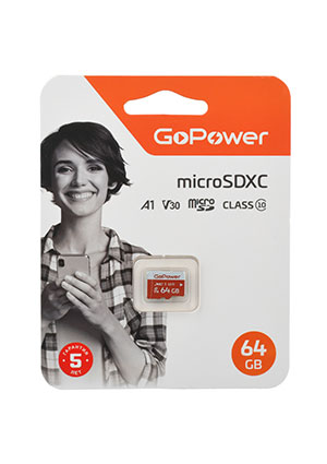 ����� ������ microSD GoPower 64GB Class10 UHS-I (U3) 100 ��/��� V30 ��