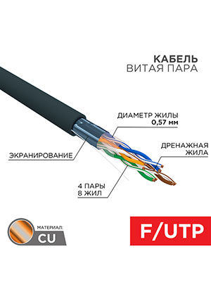 01-0158, ������ ����� ���� F/UTP, CAT 6, PE, 4PR, 23AWG, OUTDOOR, SOLID, ������, 305� REXANT