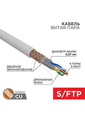 02-0325, ������ ����� ���� S/FTP, CAT 6A, LSZH ��(�)-HF, 4PR, 23AWG, INDOOR, SOLID, �����, 305� REXA