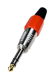 1-119G RD, штекер аудио 6.35мм стерео металл цанга на кабель красный