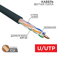 01-0058, ������ ����� ���� U/UTP, CAT 6, PE, 4PR, 23AWG, OUTDOOR, SOLID, ������, 305� REXANT