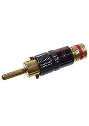 1-635G, штекер банан металл цанга на кабель d до 10мм винт красный  позолоченный 