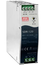 SDR-120-24, AC-DC, 120Вт, вход 88 264V AC, 47 63Гц /124 370В DC, выход 24В/5A (пиковый 7,5А), рег. в